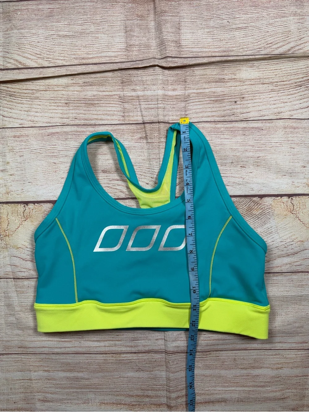 Lorna Jane Teal & Neon Lime Racerback Sports Bra - workout, running, lifting